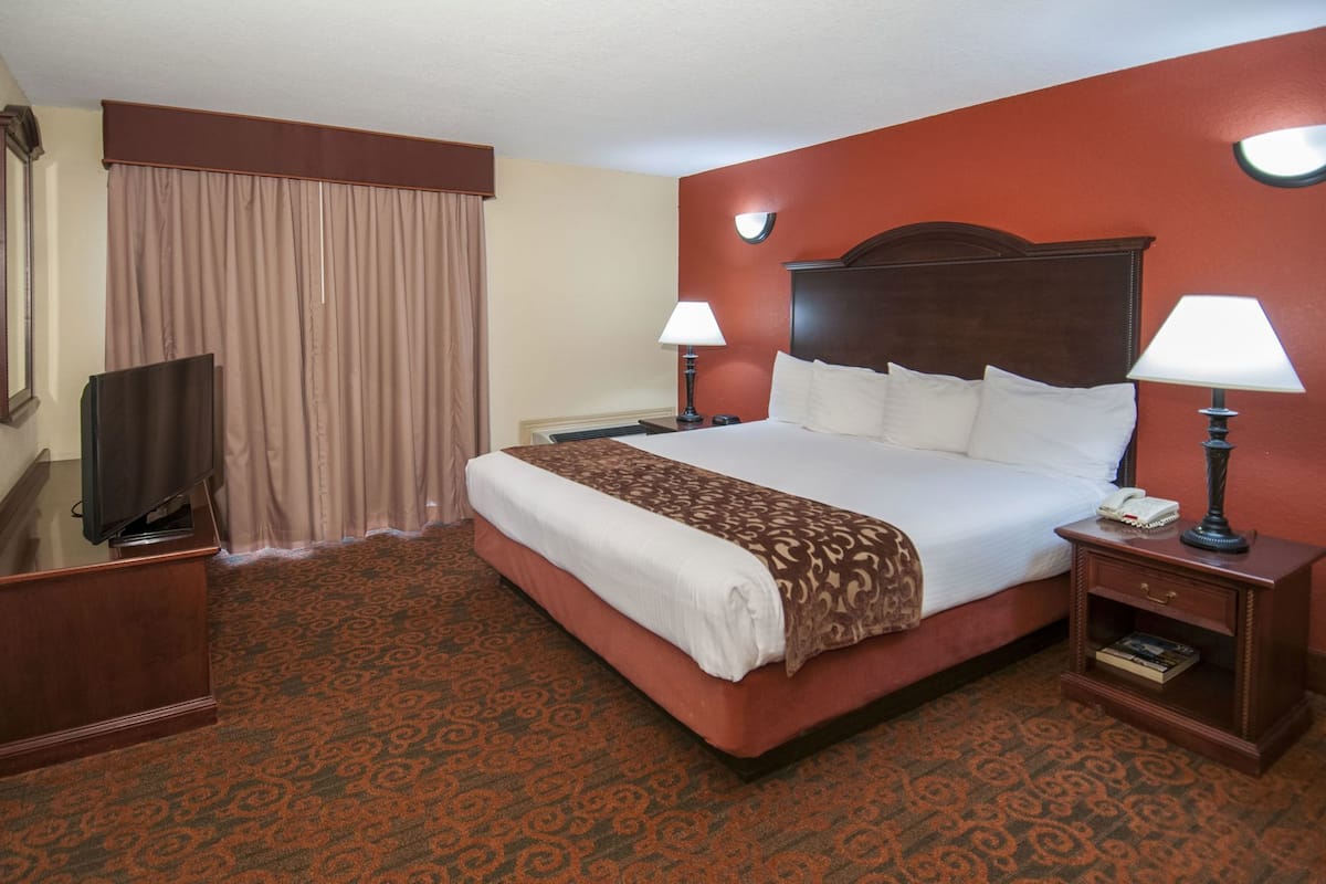 A hotel room with a large bed, two bedside lamps, a TV, a desk, and a telephone.