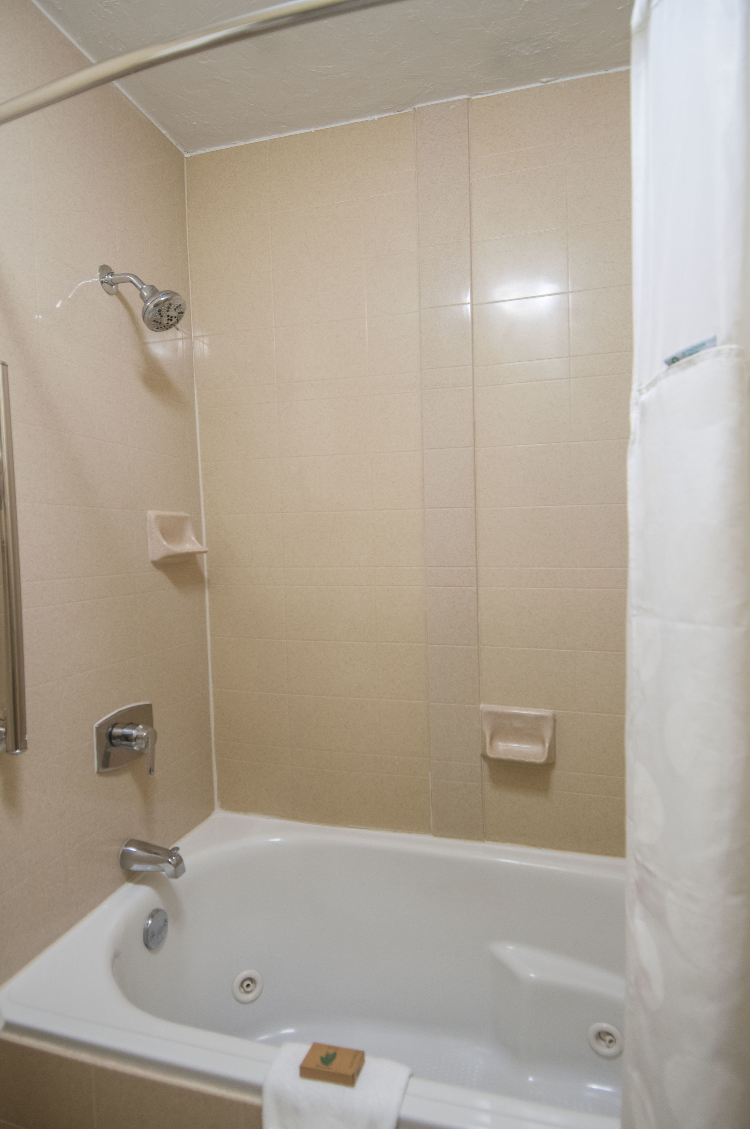 Une salle de bain avec une baignoire, une douche et un porte-serviettes.