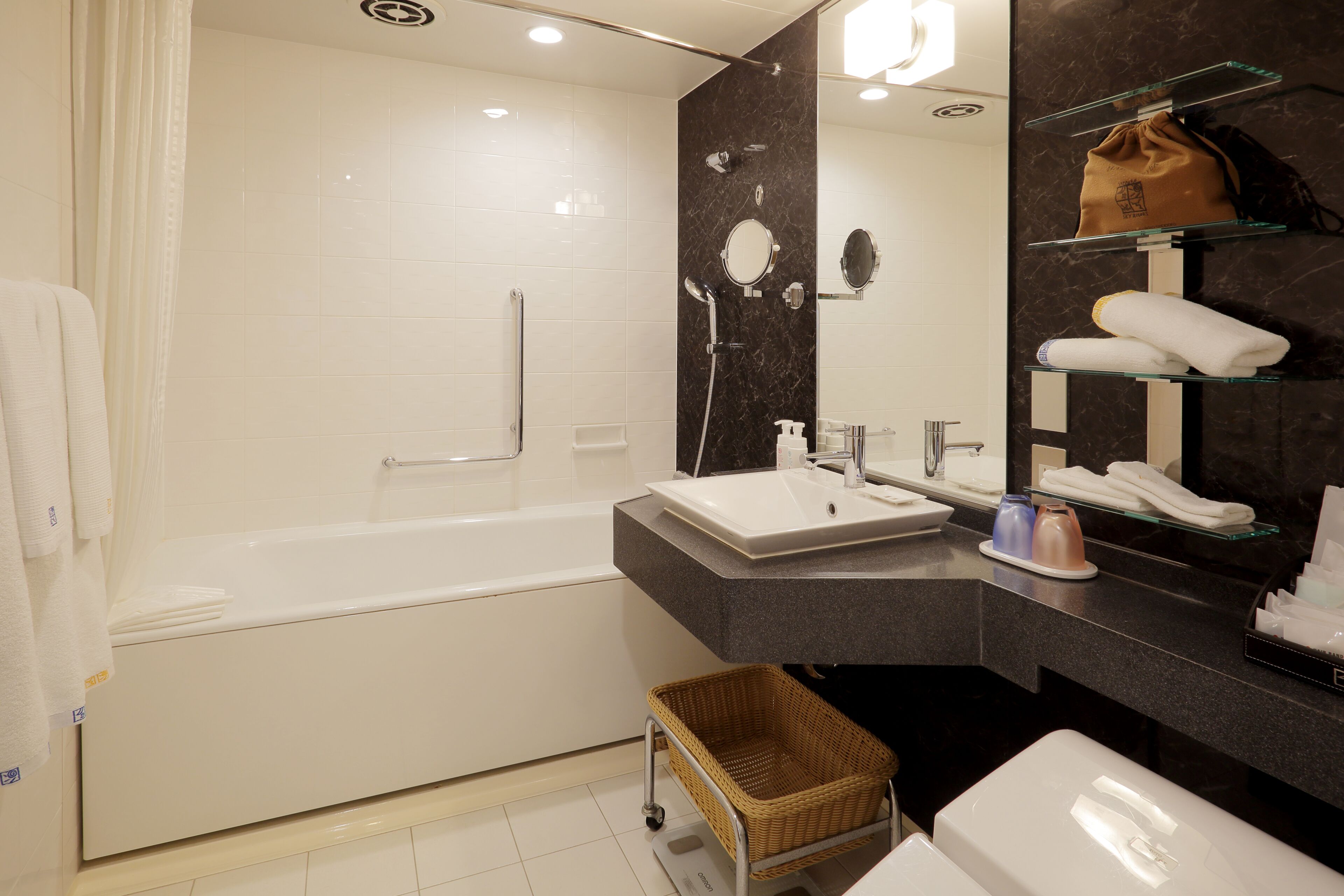 free toiletries, hair dryer, slippers, bidet