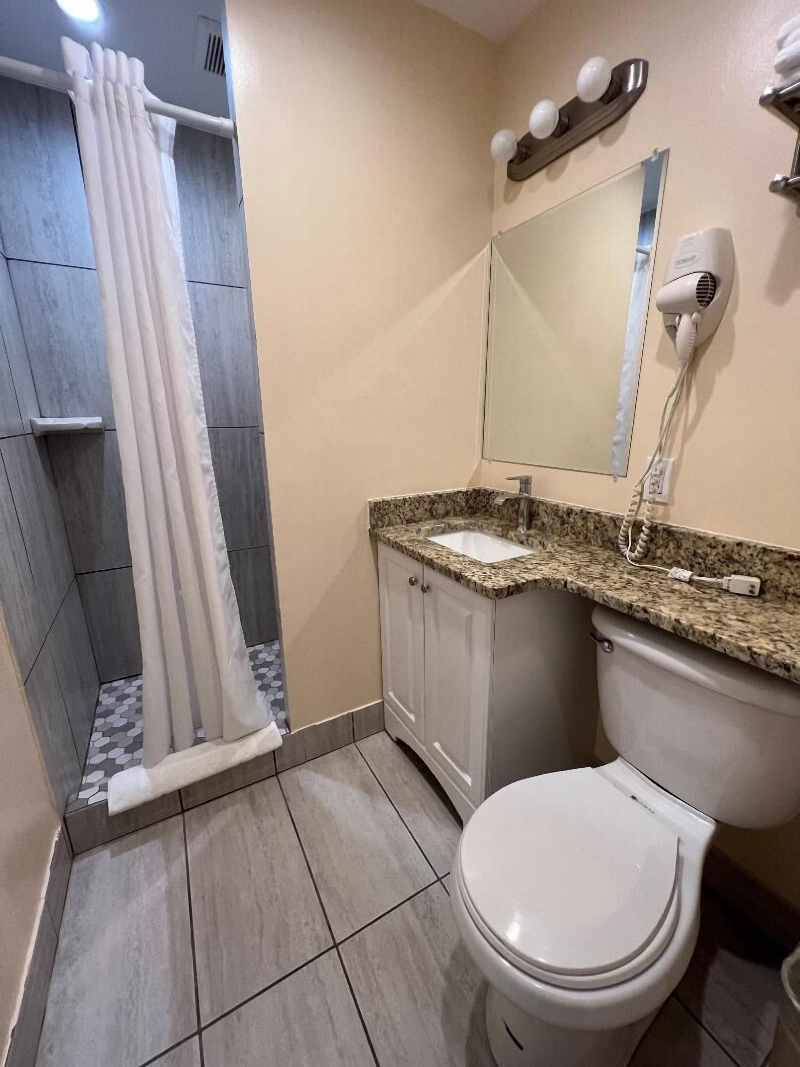 Une salle de bain équipée d’une douche, de toilettes, d’un lavabo et d’un sèche-cheveux fixé au mur.