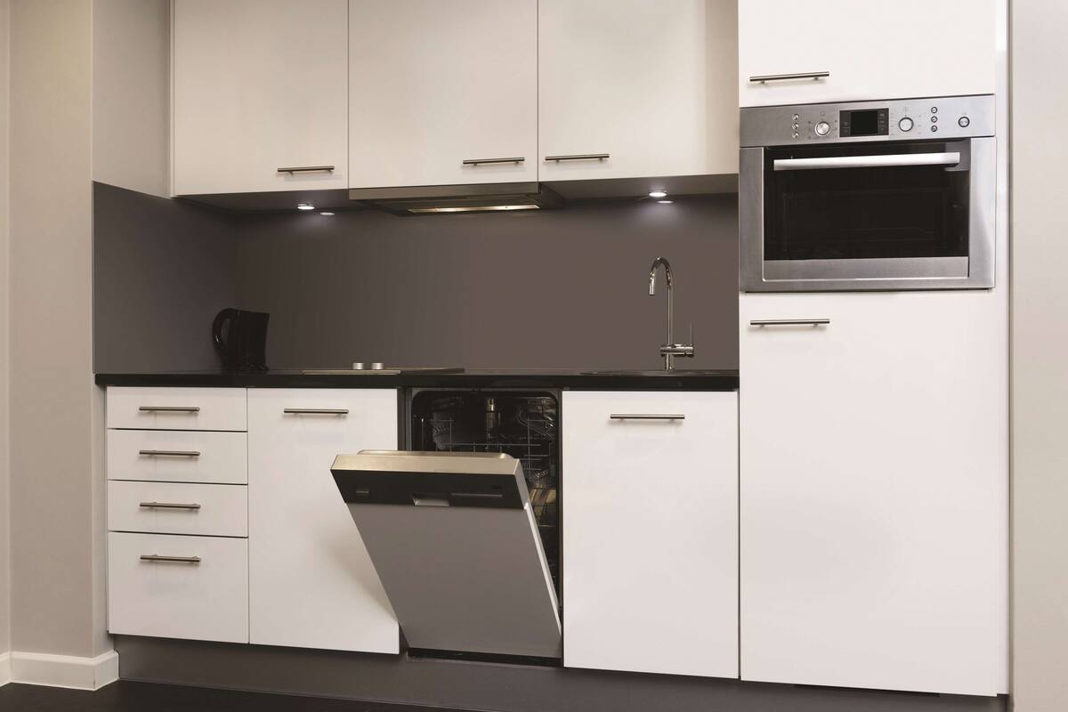 full-sized fridge, microwave, stovetop, dishwasher