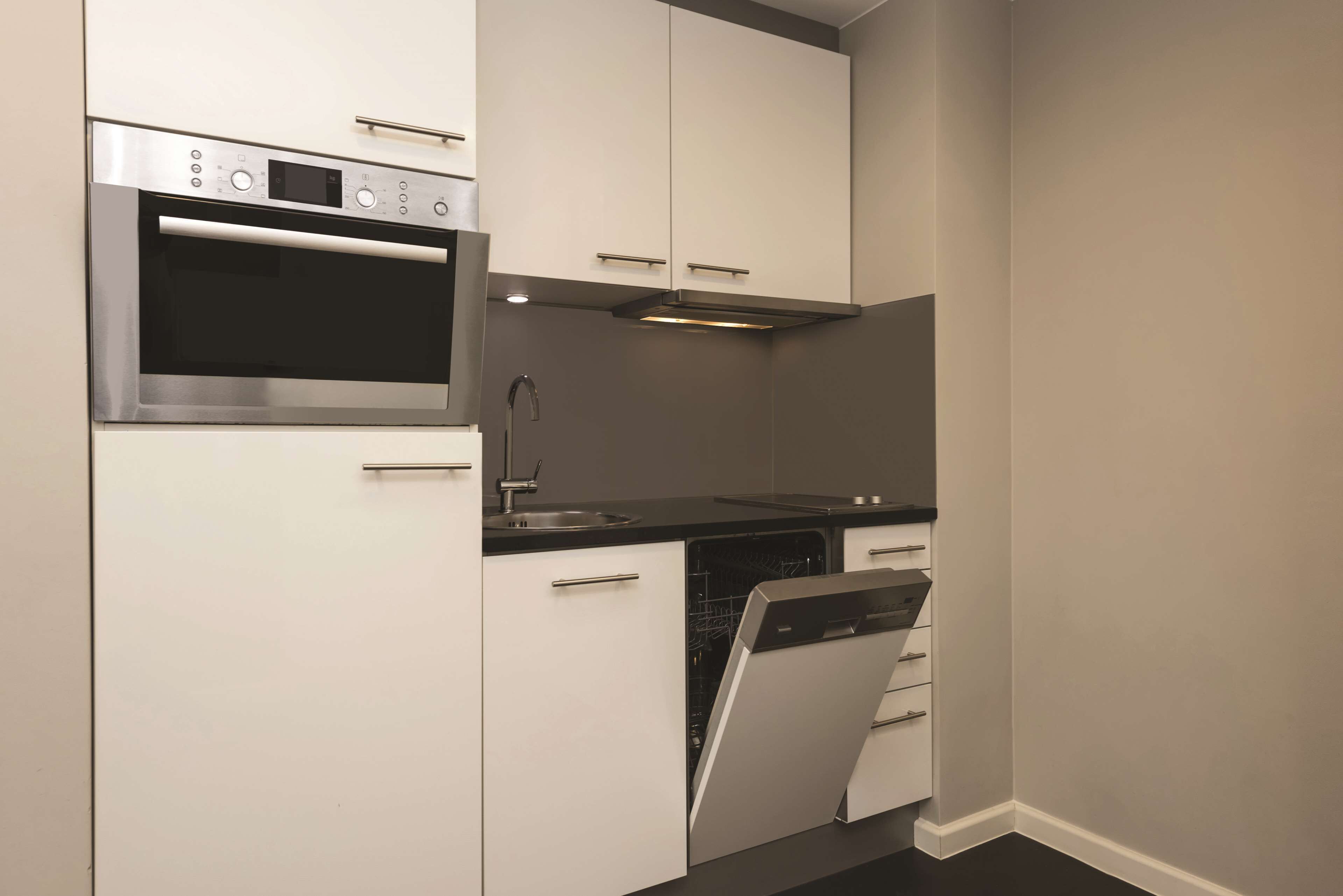 full-sized fridge, microwave, stovetop, dishwasher