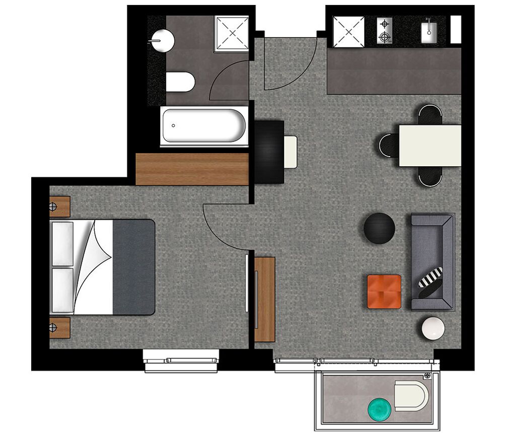 A hotel room layout with a bed, a desk, a chair, a sofa, a small table, a bathroom, and a shower area.