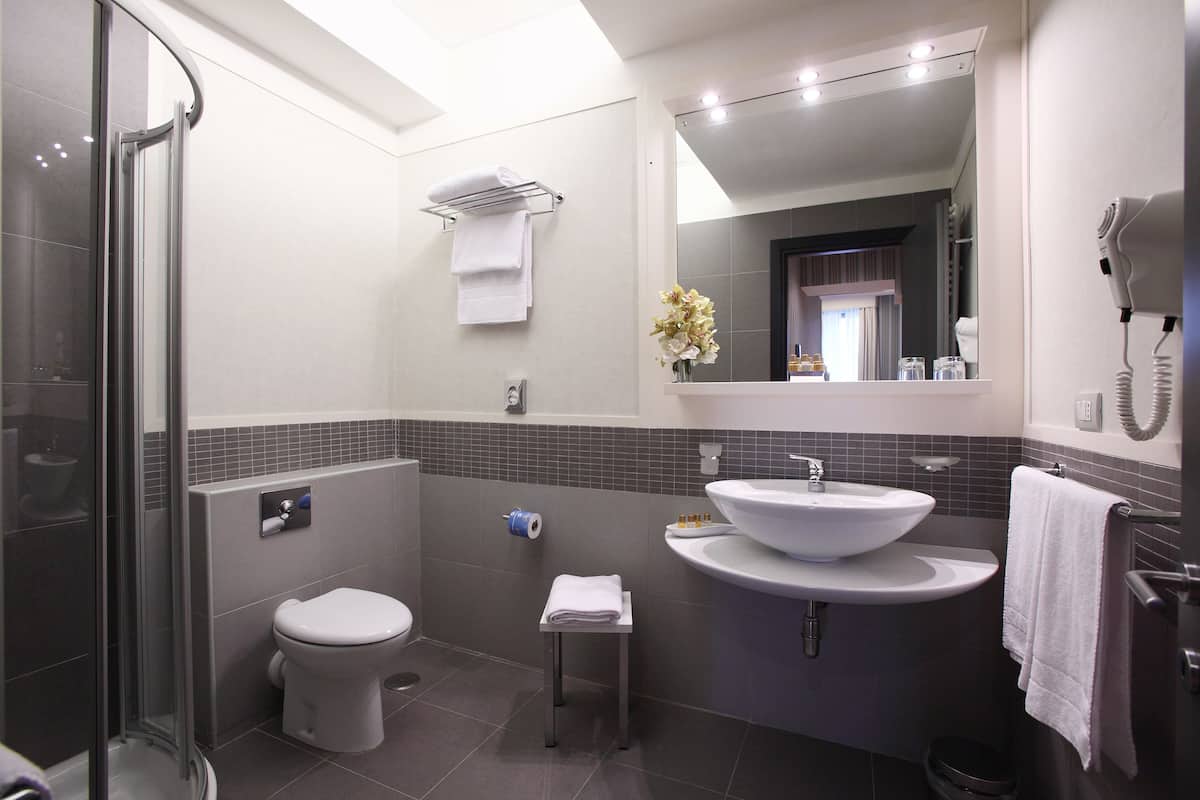 A modern bathroom with a glass shower enclosure, a white toilet, a sink with a large basin, and a mirror above the sink.