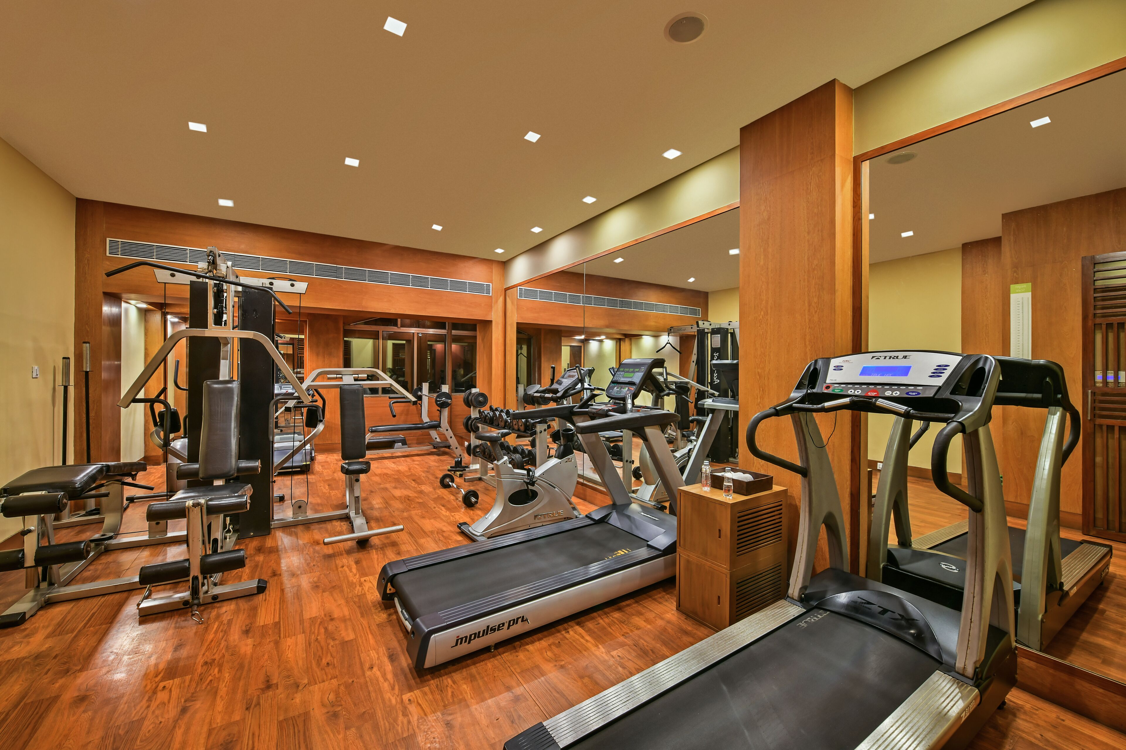 A well-equipped gym with treadmills, elliptical machines, and weight benches.