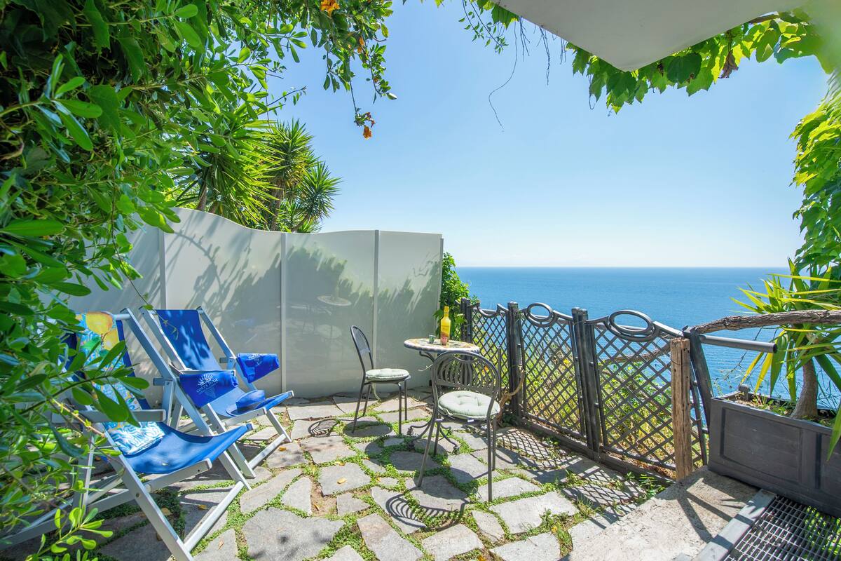 Un patio con vistas al mar, que incluye una mesa, sillas y un pequeño jardín.