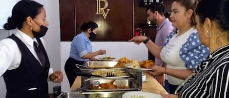 Breakfast, lunch, dinner served; local cuisine