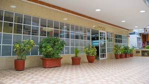 Entrada de hotel con amplios ventanales, plantas en macetas y suelo de baldosas.