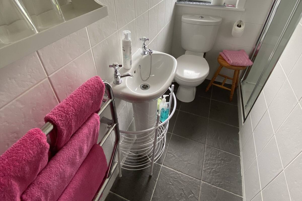 Shower, free toiletries, hair dryer, towels