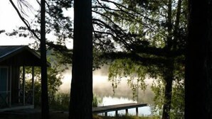 Une cabane avec un quai s’avançant dans un lac brumeux, entouré d’arbres.