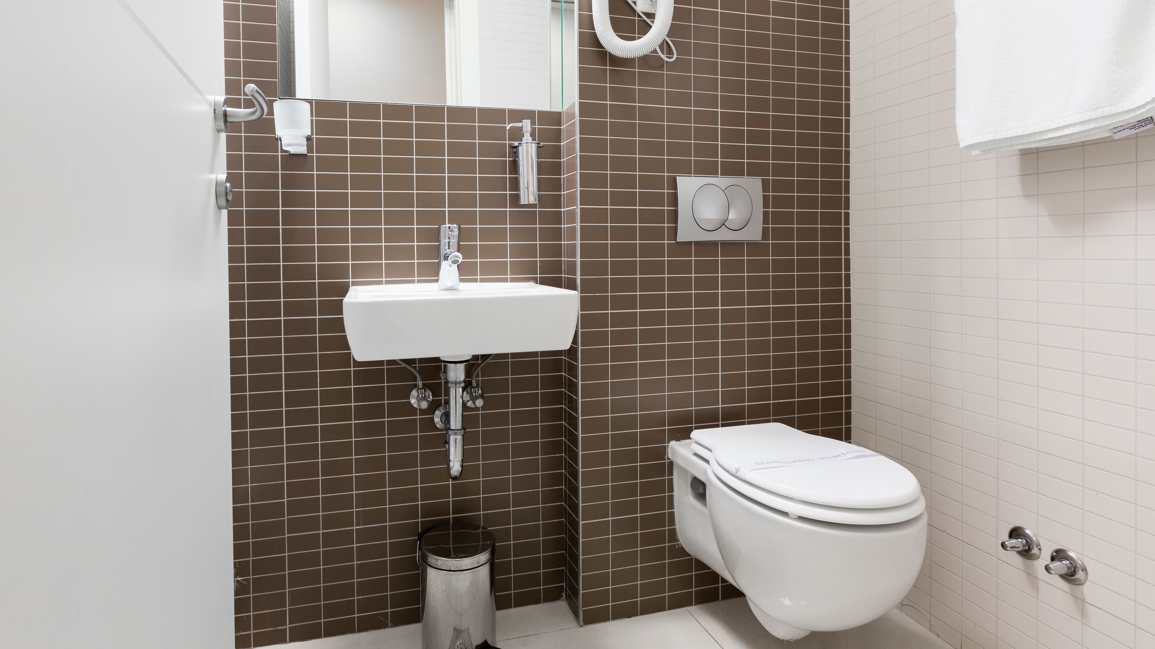 A bathroom with a white sink, a toilet, and a trash can.