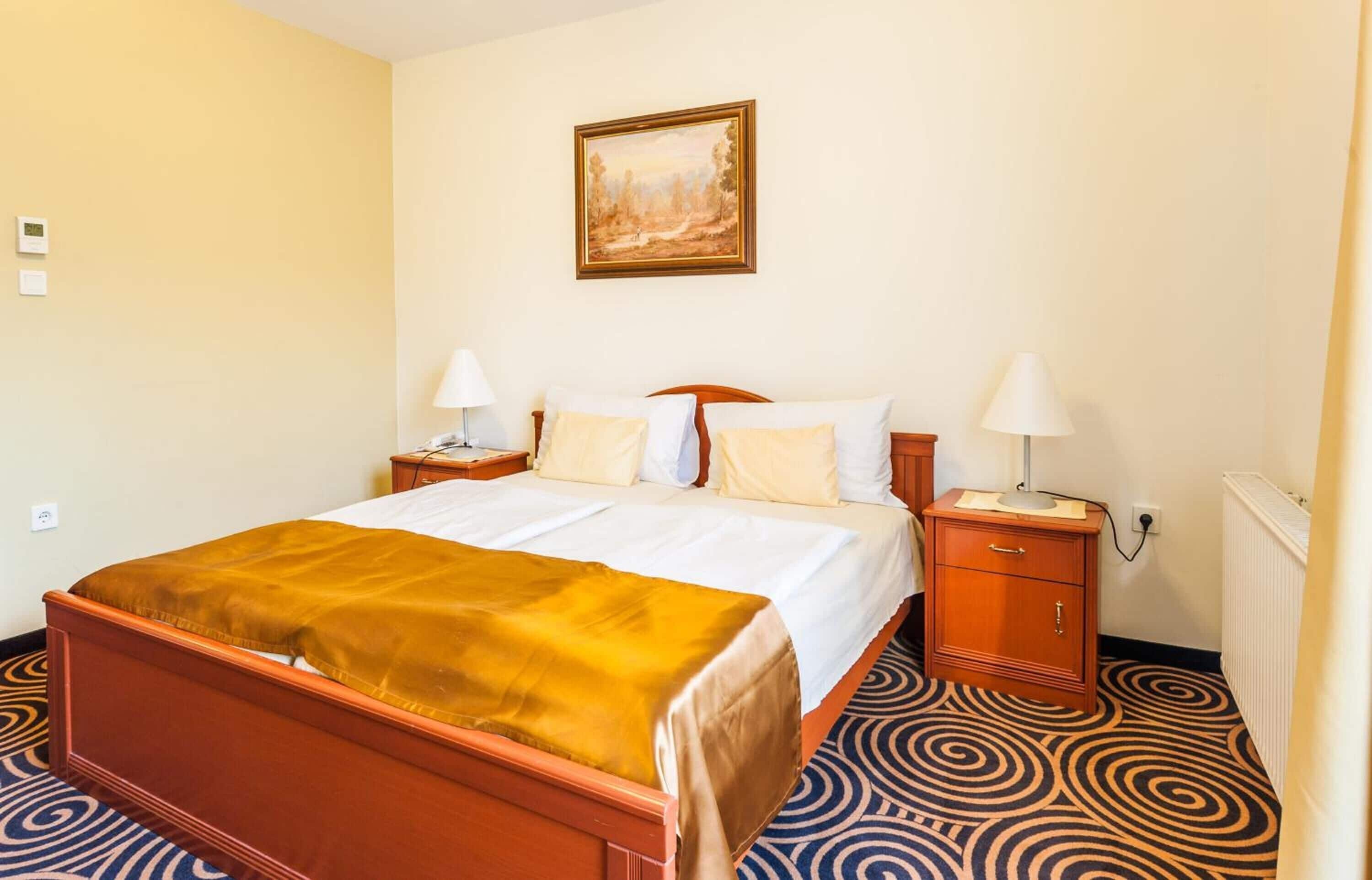A hotel room with a wooden bed, two bedside tables with lamps, a painting on the wall, and a patterned carpet.