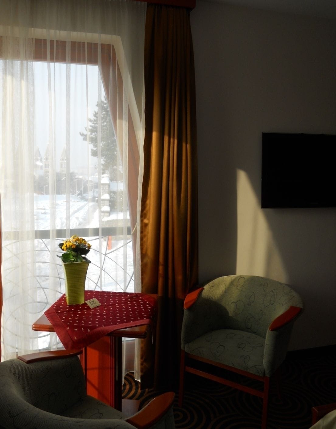 A hotel room with a view of a snowy landscape through sheer curtains, a small table with a vase of flowers, and a chair with a patterned cushion.