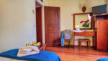 A hotel room with a bed, a desk, a chair, a television, and a mirror.