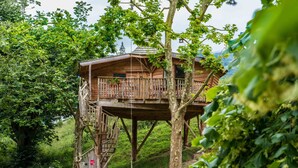 A wooden treehouse with a balcony, surrounded by lush greenery. - Hôtel Andreinia (Esterencuby)