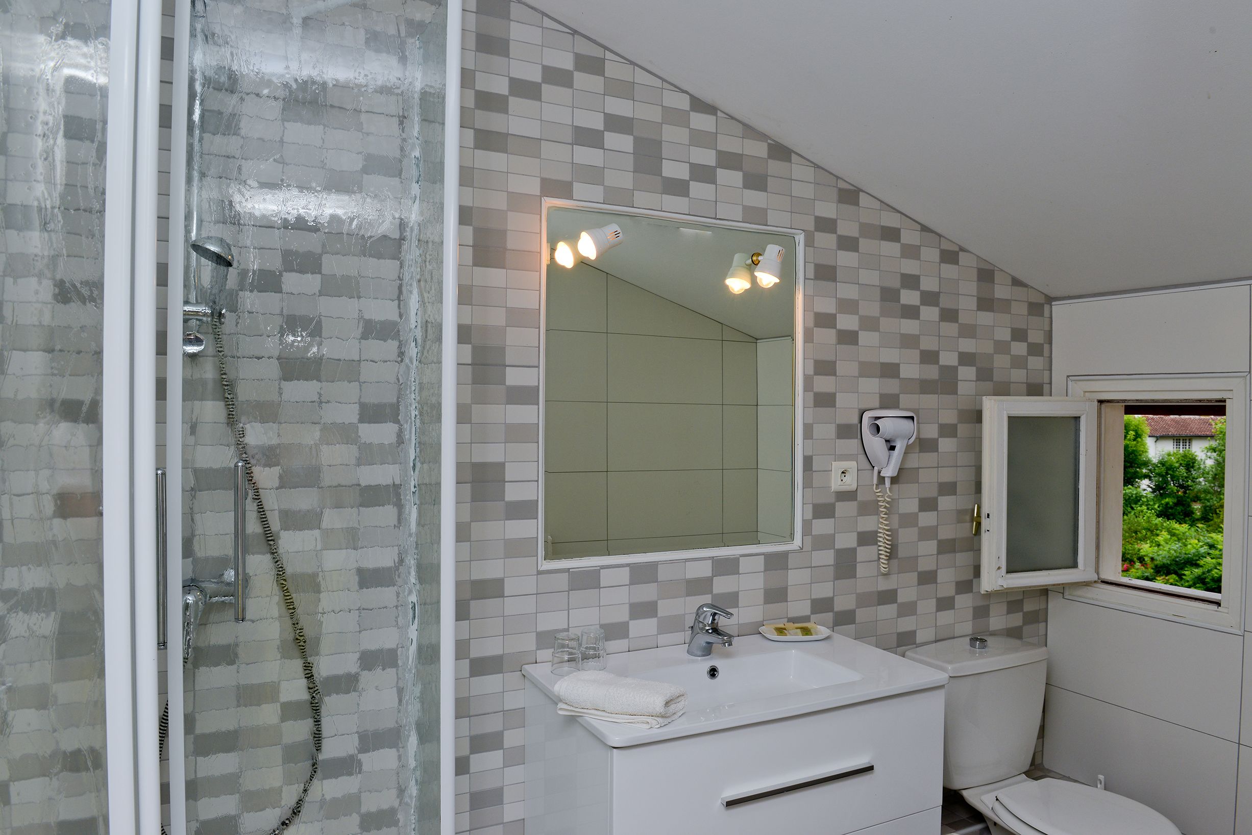 free toiletries, hair dryer, towels