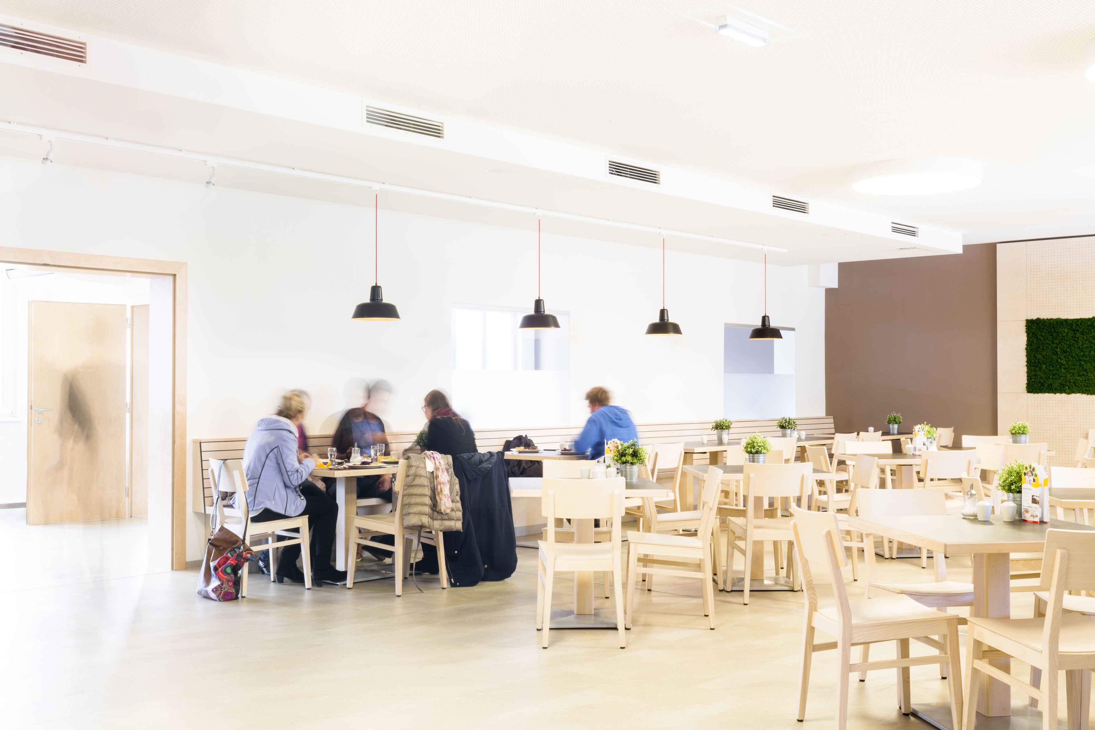 Un amplio comedor con varias mesas y sillas, algunas personas cenando y una pared decorativa verde.