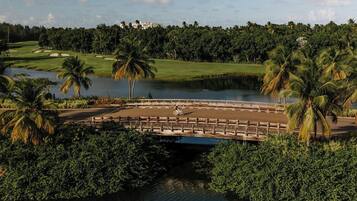 A golf course with a bridge over water, palm trees, and a clear sky.