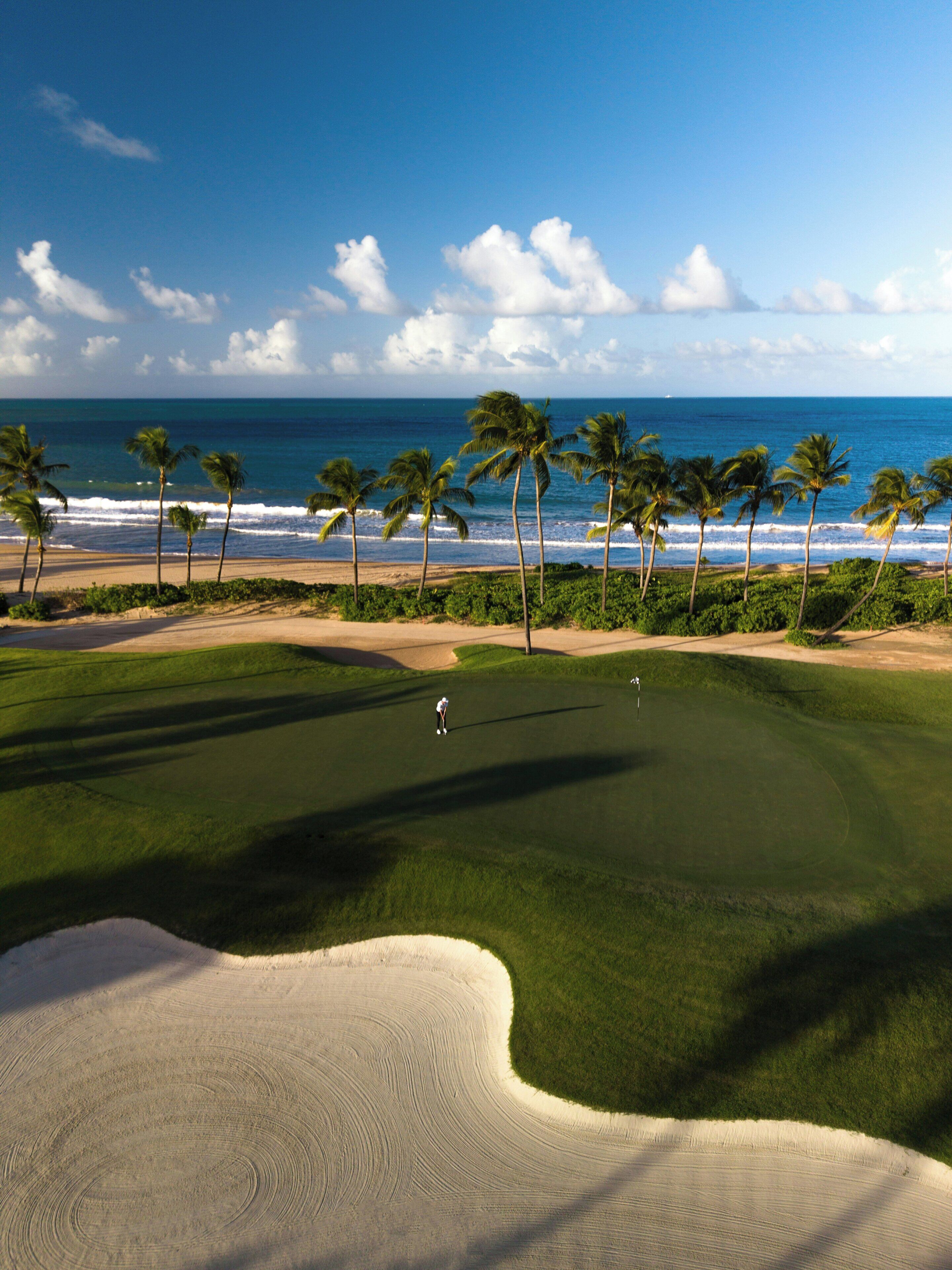 A golf course with a view of the ocean and palm trees.