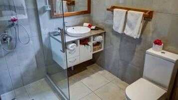Ein modernes Badezimmer mit Duschkabine aus Glas, einem weißen Waschbecken und einer Toilette.