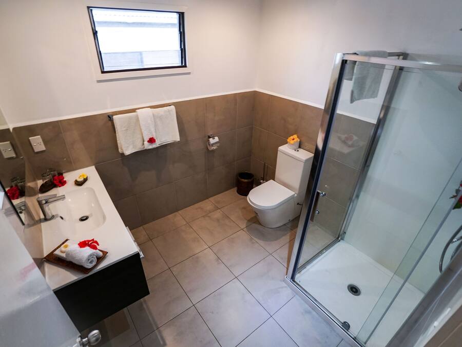 A modern bathroom with a glass shower enclosure, a sink with a mirror, and a toilet.