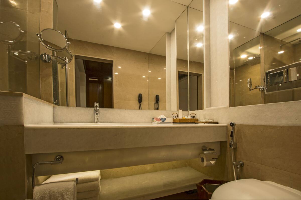 shower, rainfall showerhead, free toiletries, hair dryer