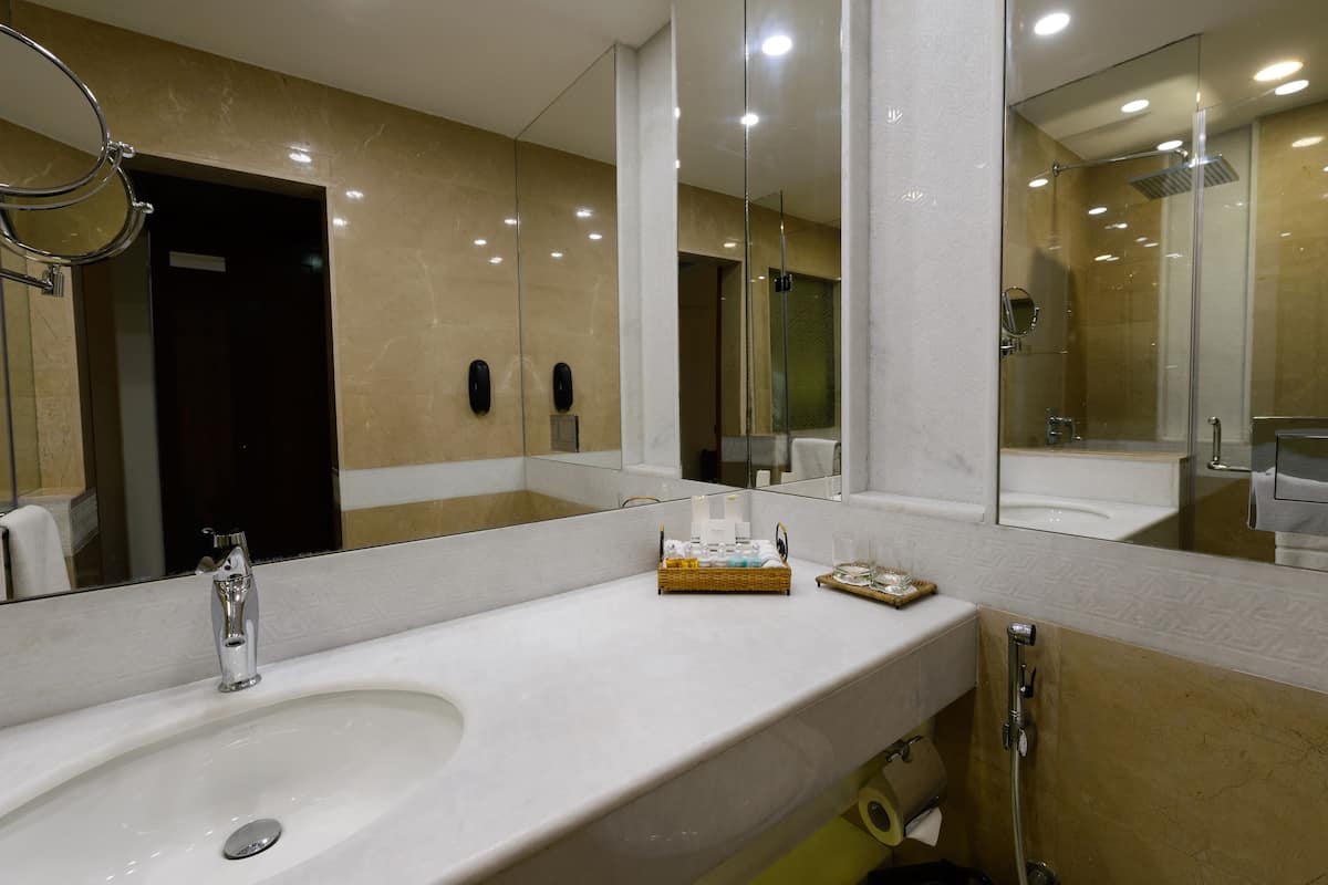 shower, rainfall showerhead, free toiletries, hair dryer