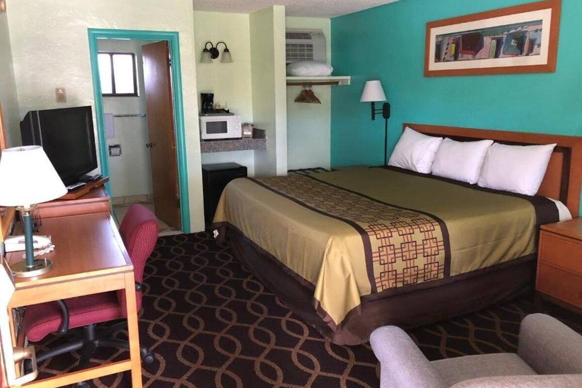 A hotel room with a bed, desk, chair, television, and a microwave.