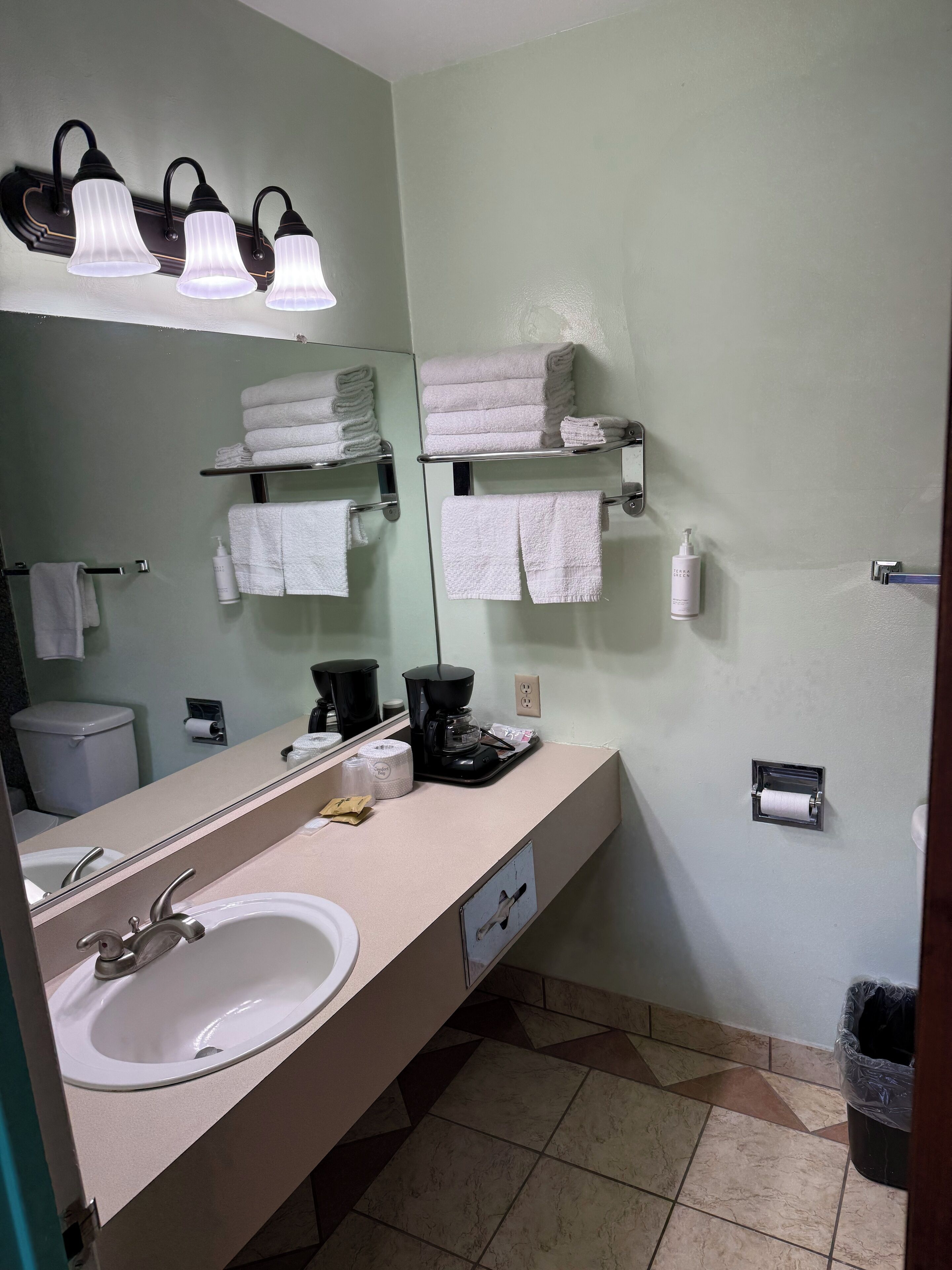 Een badkamer met wastafel, spiegel, handdoekhouders en een koffiezetapparaat.