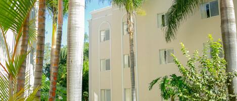 A building with a symmetrical facade, large windows, and a well-maintained lawn with palm trees.