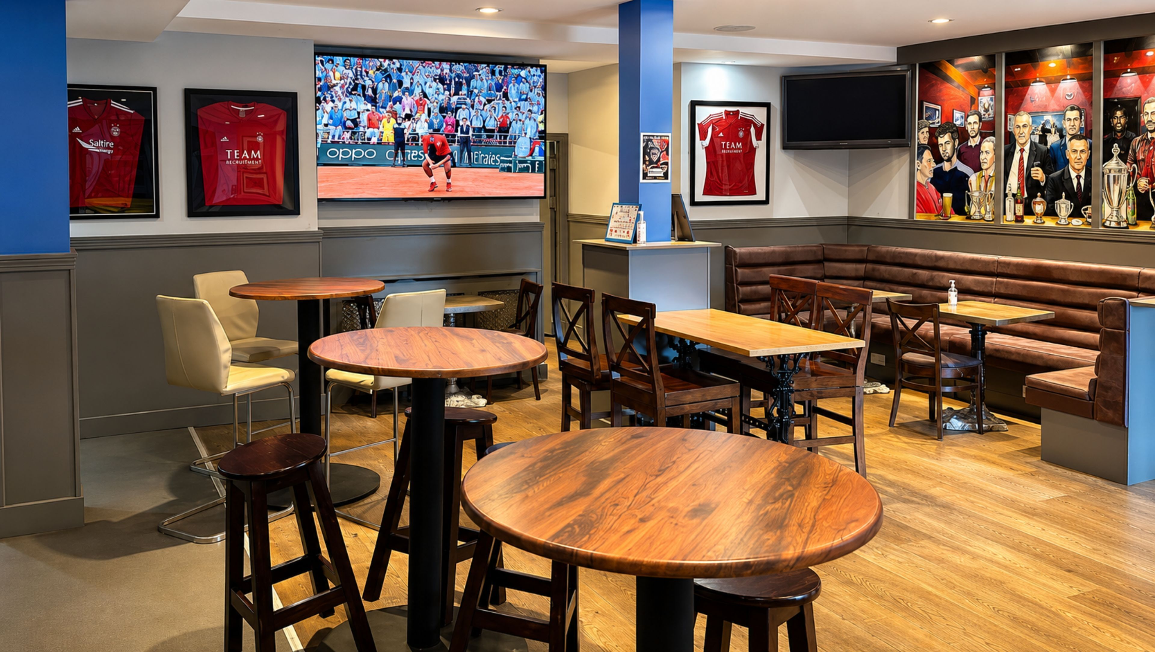 A sports-themed restaurant with multiple seating areas, including round tables and a booth.