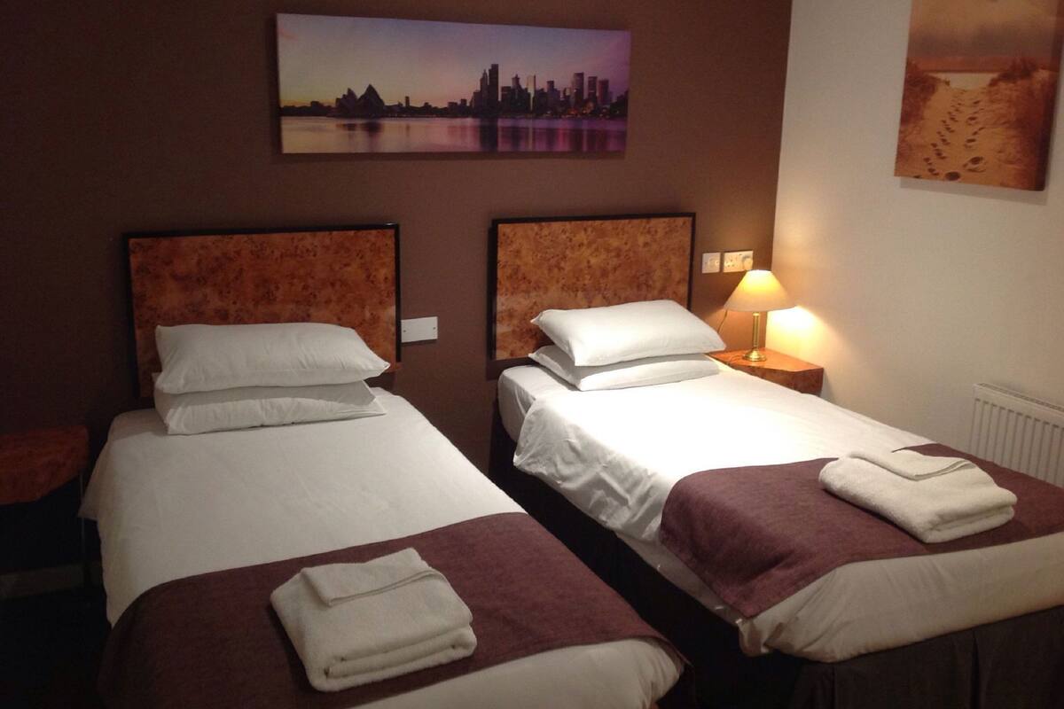 Two single beds with headboards, white linens, and a cityscape painting above.