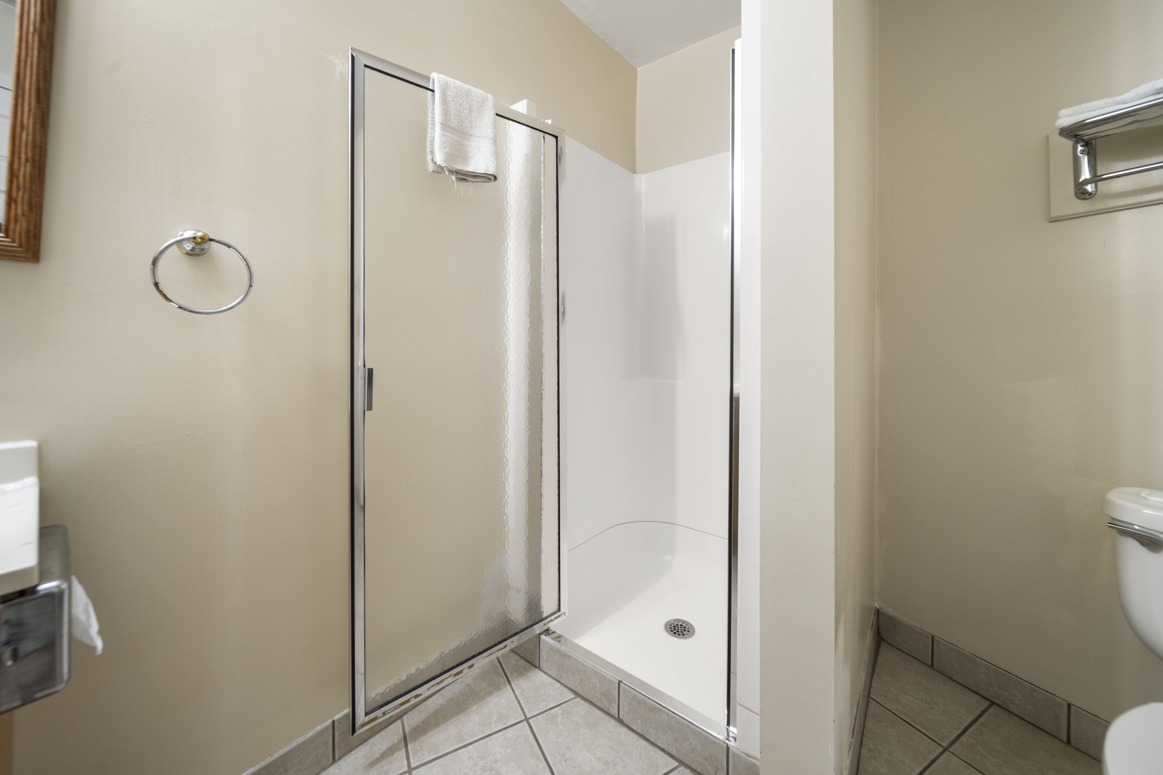 Une salle de bain avec une douche à parois de verre, des toilettes et un porte-serviettes.