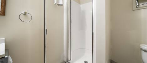 Une salle de bain avec une douche à parois de verre, des toilettes et un porte-serviettes.