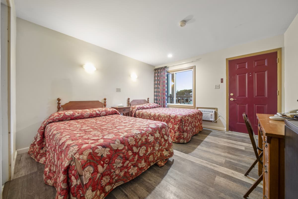 Une chambre avec deux lits, un bureau, une chaise, une fenêtre avec des rideaux et une porte.