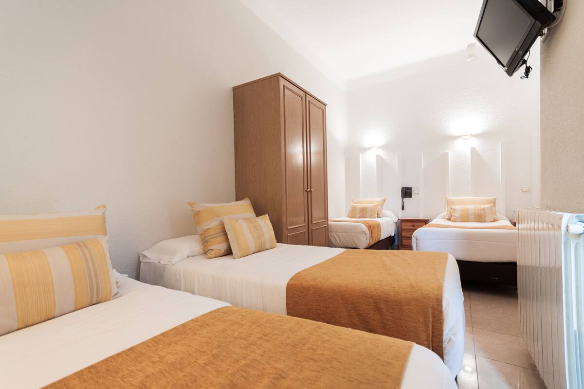 Habitación de hotel con dos camas, un armario, un escritorio, una silla, un televisor y un radiador.