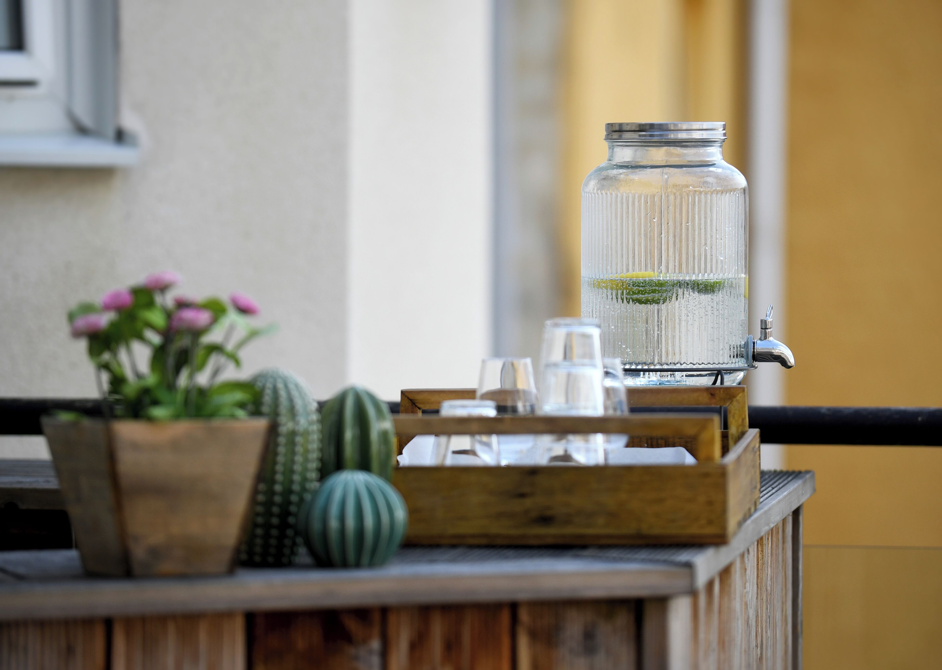 Een houten tafel met een glazen pot, een cactus en een plant in een pot.