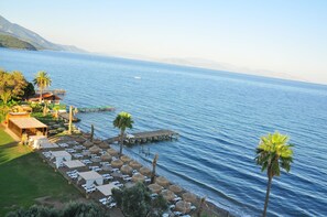 Un balneario frente al mar con un muelle, sillas de descanso, sombrillas y una palmera.