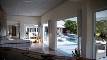 Outdoor pool, pool umbrellas, pool loungers