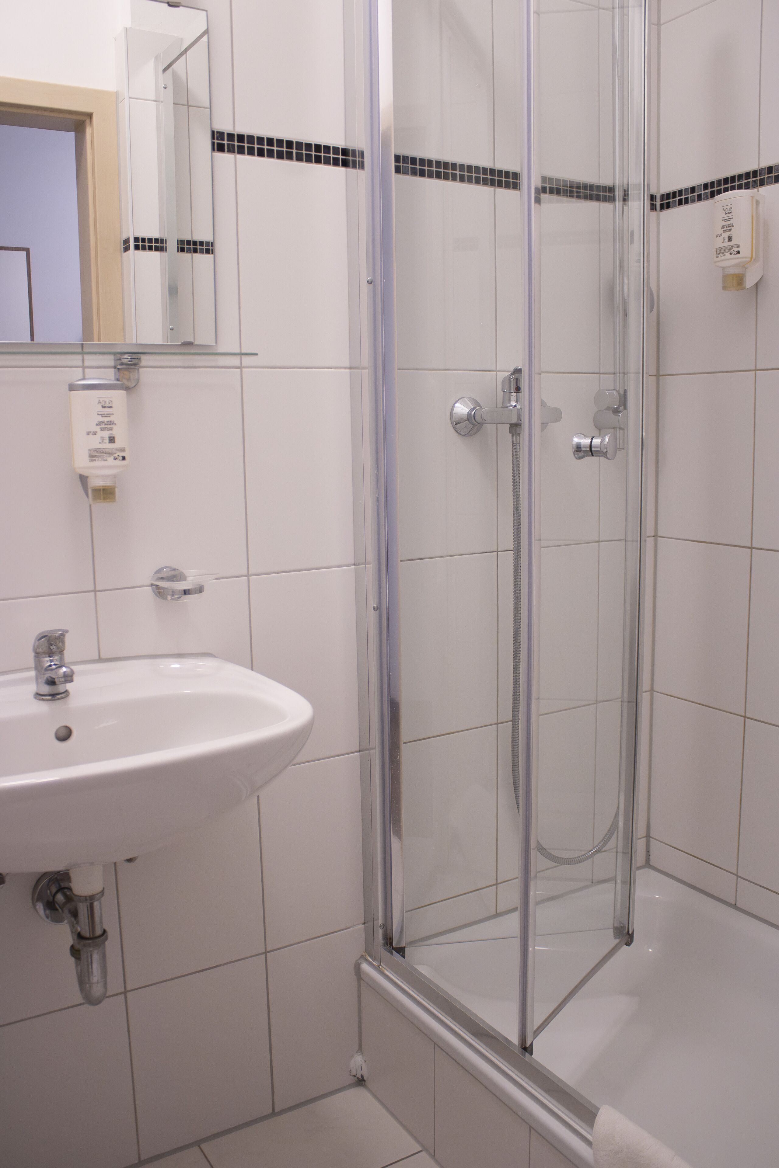 Une salle de bain avec une douche à parois de verre, un lavabo blanc et un miroir.