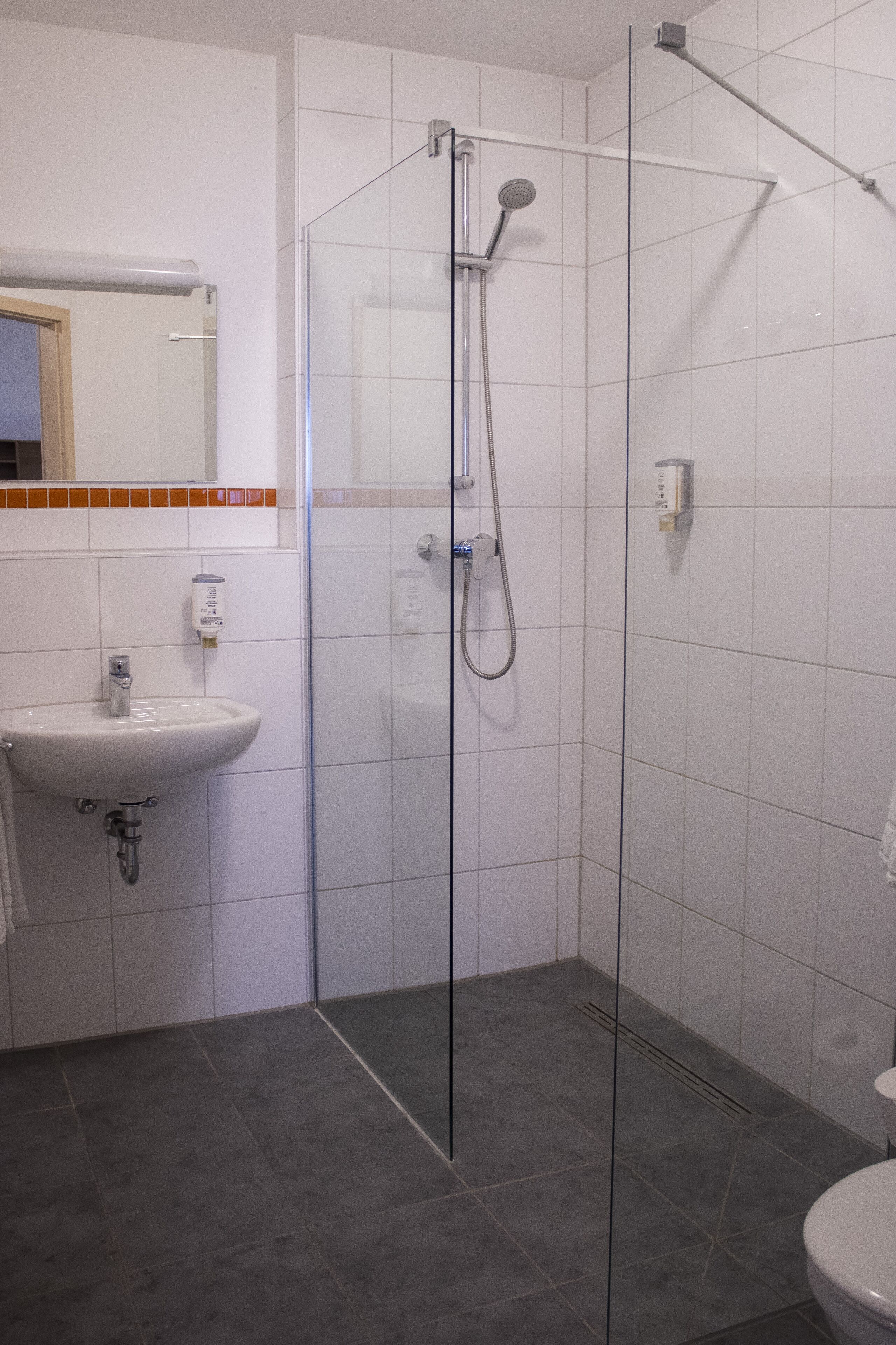 A modern bathroom with a glass-enclosed shower, a white sink, and a toilet.