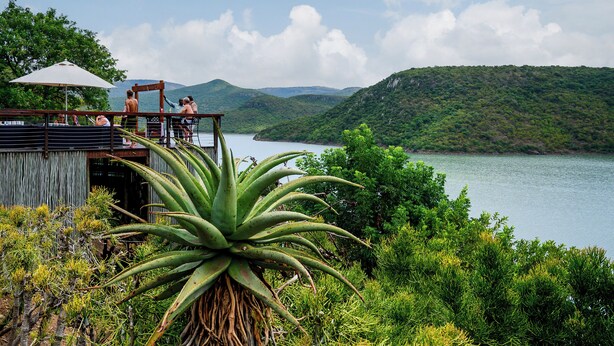 A wooden deck overlooking a lake with lush greenery and hills in the background. - Jozini Tiger Lodge by Dream Resorts (Jozini)