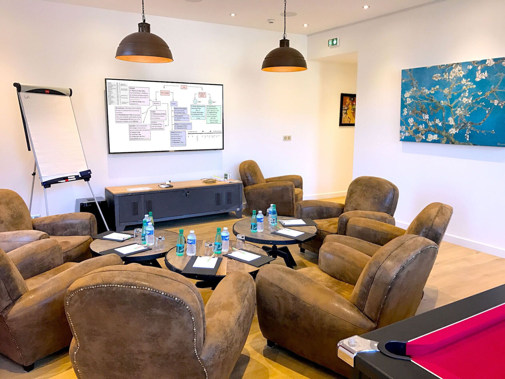 A conference room with leather chairs, a whiteboard, and a painting on the wall.