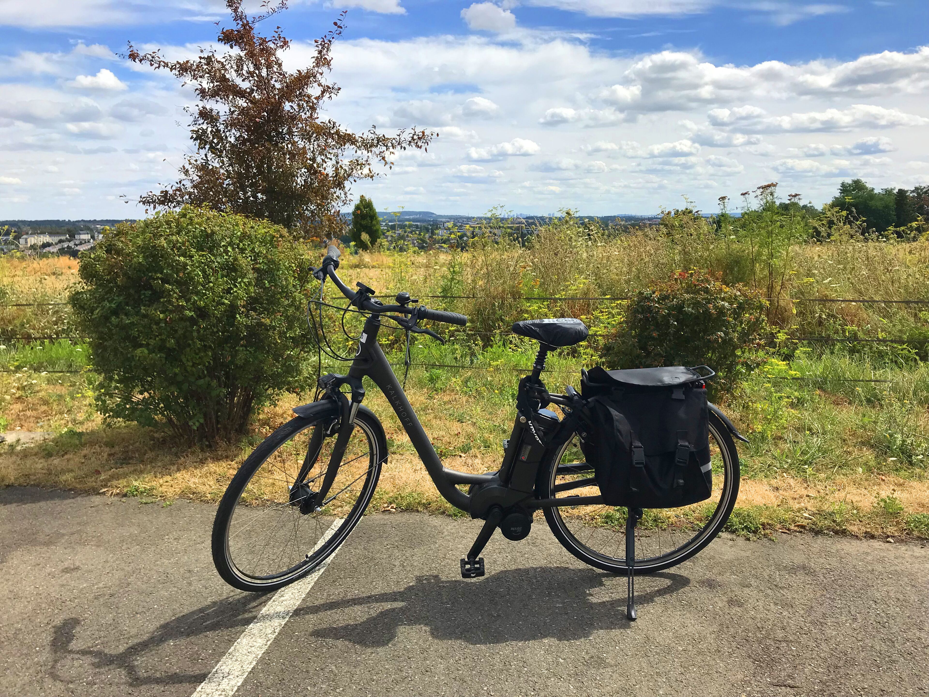 A stationary bicycle with a saddlebag and a rear rack, parked on a paved path with a grassy field and trees in the background.
