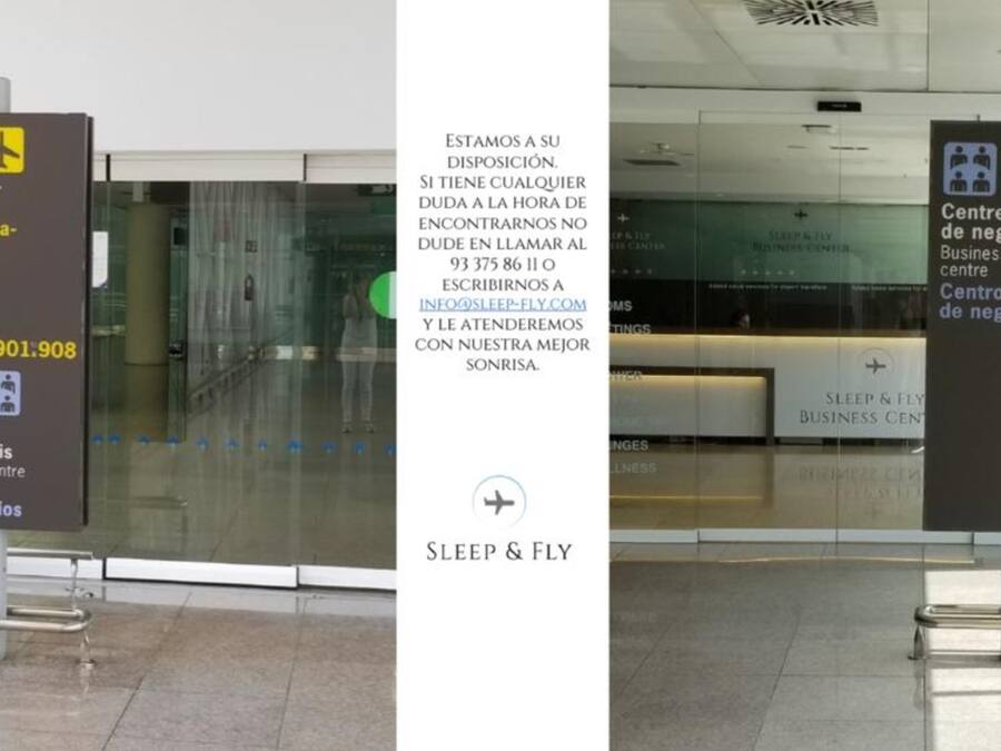 A shuttle sign for Barcelona-Madrid, a business center sign, and a contact number for Sleep & Fly.
