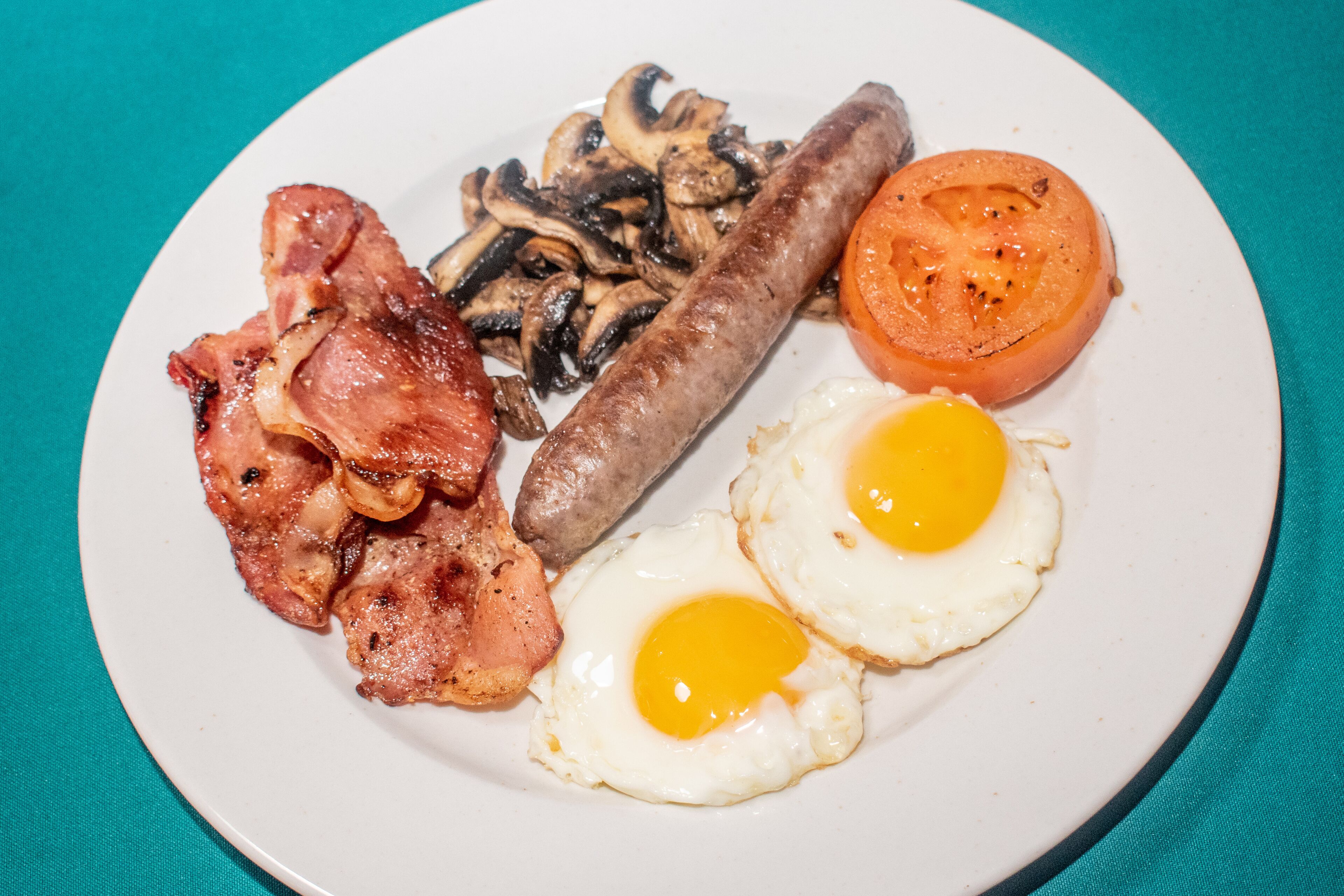 A plate with bacon, sausages, mushrooms, eggs, and a tomato.