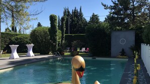A pool area with a swan inflatable float and a green inflatable pool float. - Safari Hotel (Carpentras)