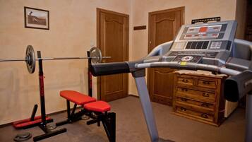 A home gym with a treadmill, bench press, and weight rack.