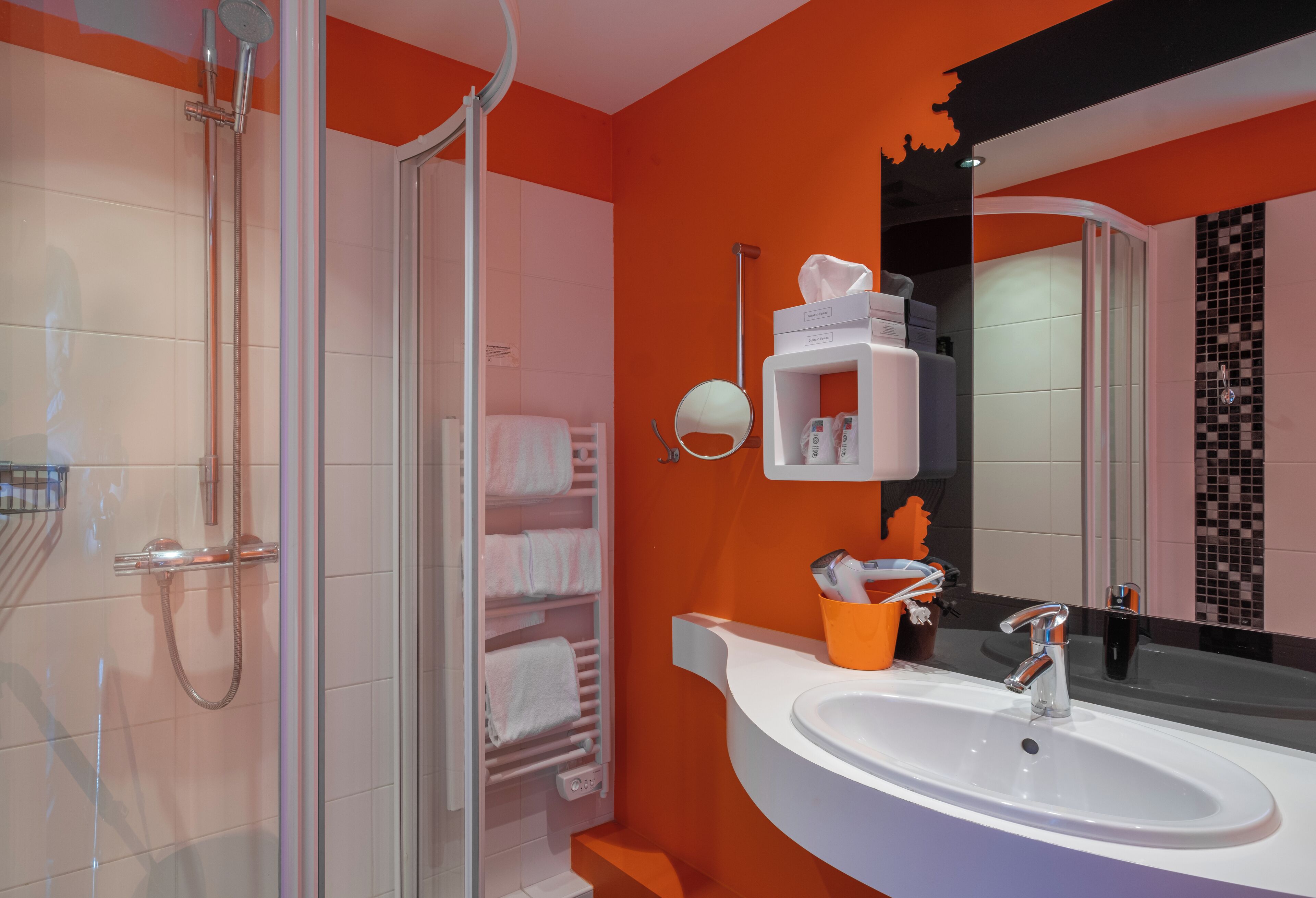 superior twin room | bathroom | shower, hair dryer, towels, soap
