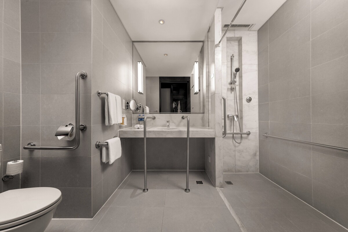 Un bagno moderno con toilette, lavandino e doccia. Sono presenti maniglie di sostegno e uno specchio.